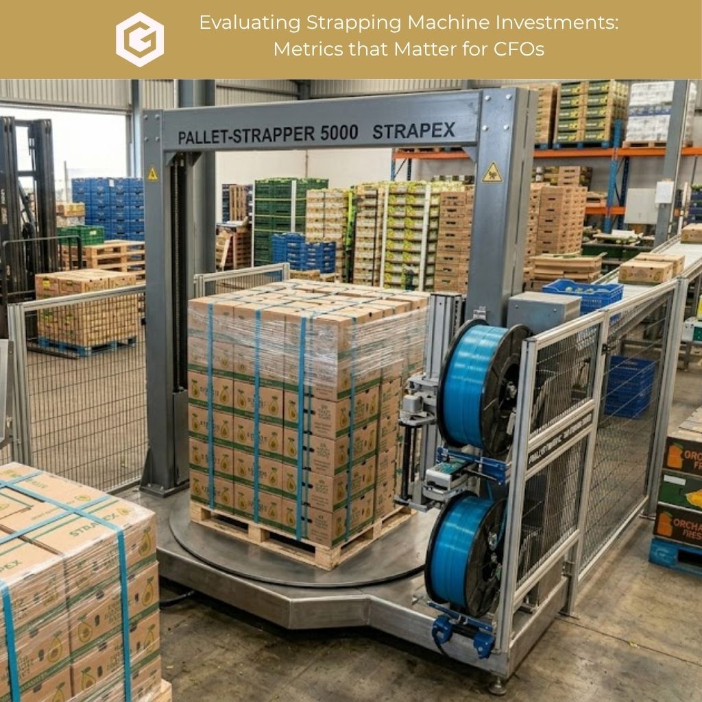 Automated pallet strapping machine securing a load of boxed produce with blue plastic straps on a rotating platform inside a warehouse, with stacked pallets and industrial shelving visible in the background and a banner reading “Evaluating Strapping Machine Investments: Metrics that Matter for CFOs” at the top.