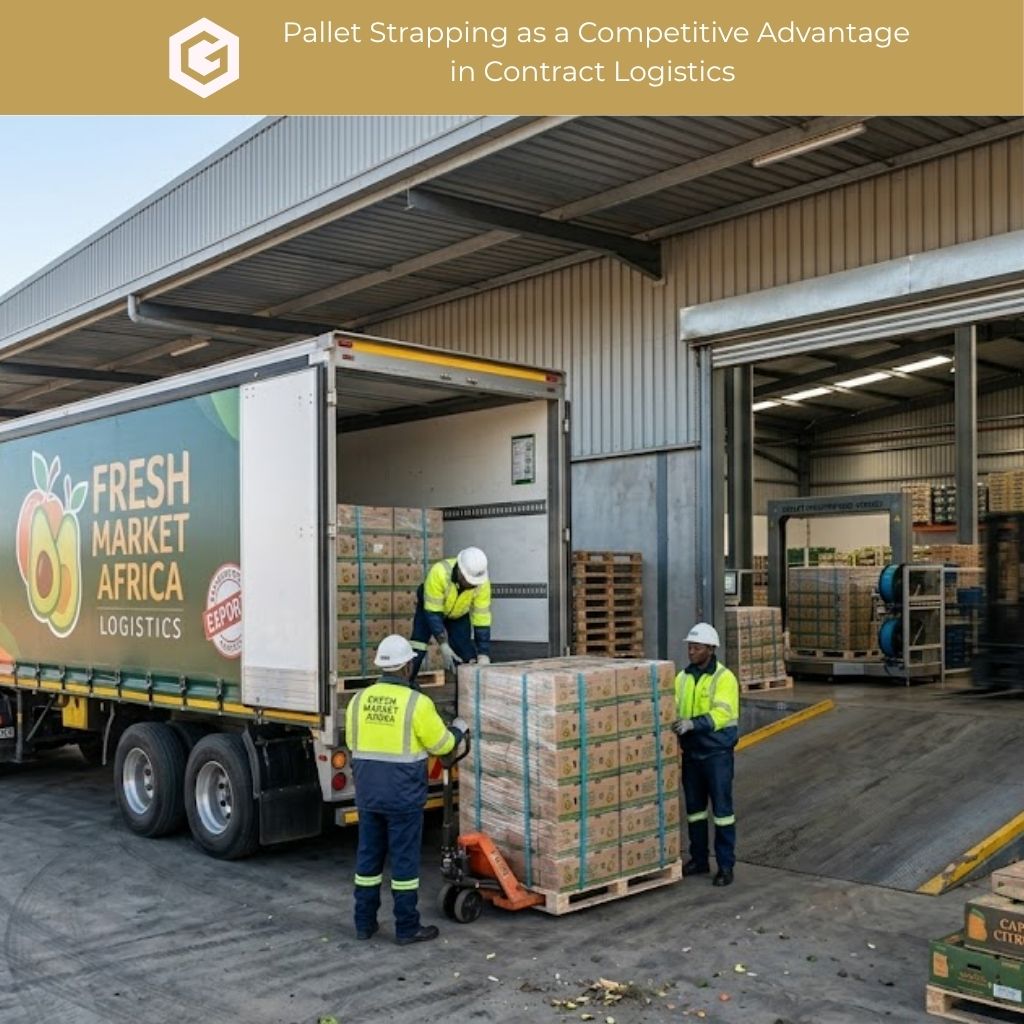 Workers wearing high-visibility safety clothing unload a strapped pallet of boxed produce from a delivery truck using a pallet jack at a warehouse loading dock, with an automated pallet strapping machine and stacked pallets visible in the background. A banner at the top reads “Pallet Strapping as a Competitive Advantage in Contract Logistics,” and the truck displays “Fresh Market Africa Logistics", which is a ficitional company for this image