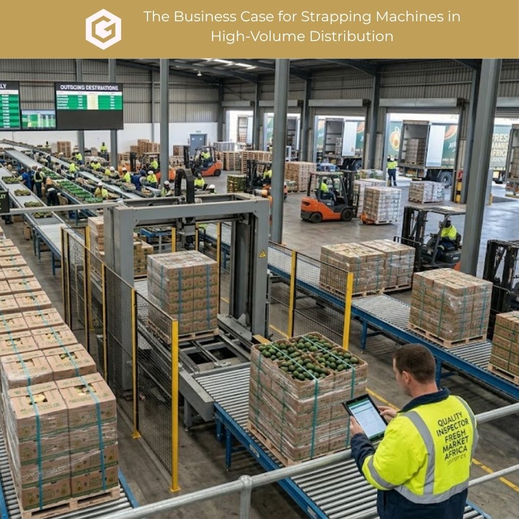 Warehouse loading dock scene in a high‑volume distribution environment where workers in high‑visibility safety clothing unload a tightly strapped pallet of boxed produce from a delivery truck using a pallet jack, with stacked pallets, dock doors, and automated strapping equipment visible in the background. The truck is branded “Fresh Market Africa Logistics,” shown here as a fictional company used for illustrative purposes in the context of “The Business Case for Strapping Machines in High‑Volume Distribution.”